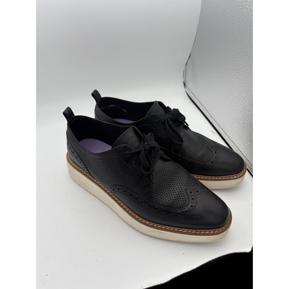 Cole Haan Shoes Womens Size 9 Black Leather Wingtip Platform Oxford Grand.OS